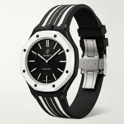 Luxury watch with black and white striped strap on a light gray background