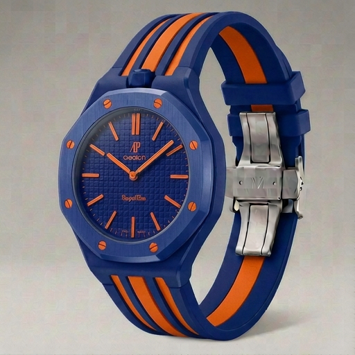 Blue and orange watch with a silver buckle on a light gray background