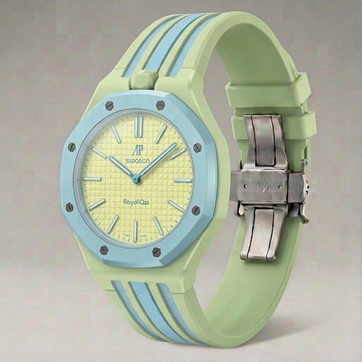 Watch with green and blue strap on a light gray background