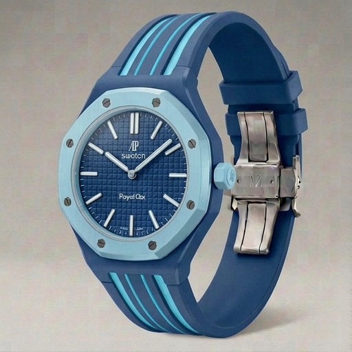 Blue and light blue watch with a detailed face on a beige background