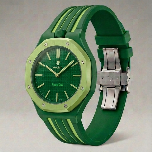 Green watch with a detailed face on a light gray background
