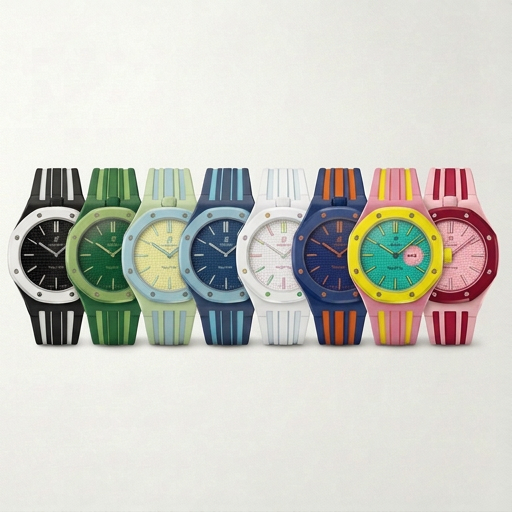 Row of colorful watches on a white background