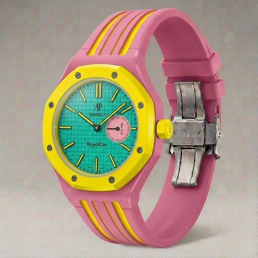 Watch with pink and yellow strap on a light gray background