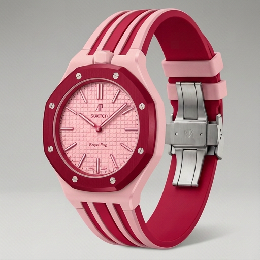 Pink watch with a silver strap on a light gray background