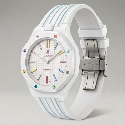 White Swatch watch with colorful face and blue striped band on gray background